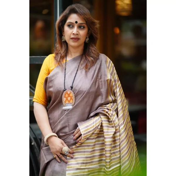 Handwoven Muga Tussar HandBlock Printed Saree